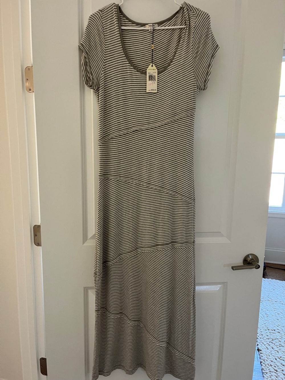 Sophie Max Gray and White Striped Short-Sleeve Maxi Dress